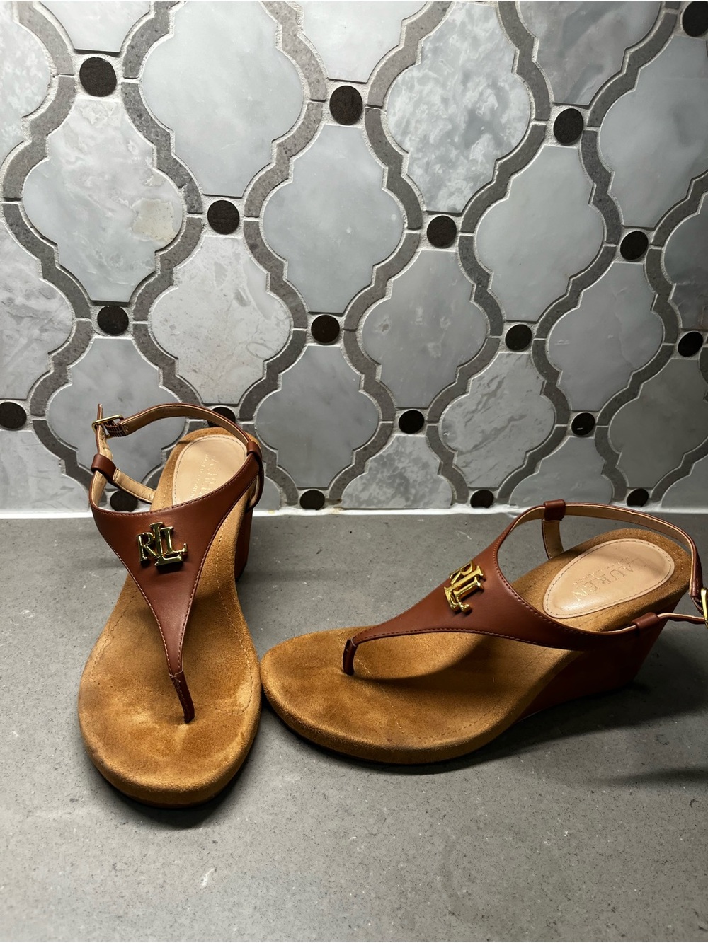 Ralph Lauren Brown Leather Wedge Thong Sandals with Gold RL Logo